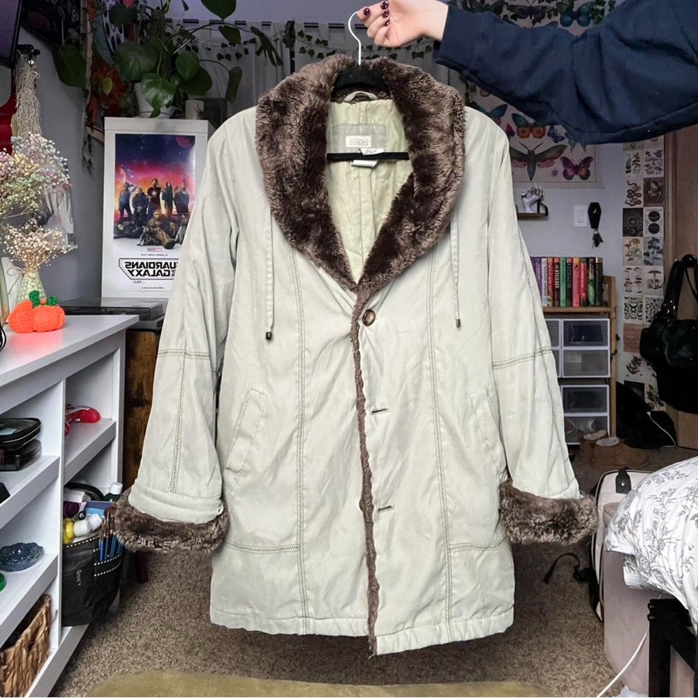 Classic Elements Cream and Brown Utility Jacket with Fur Trim